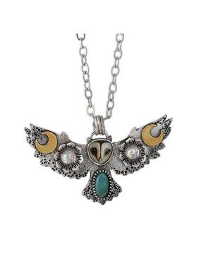 Floral Wiccan Owl Moon Phase Necklace with Crystals